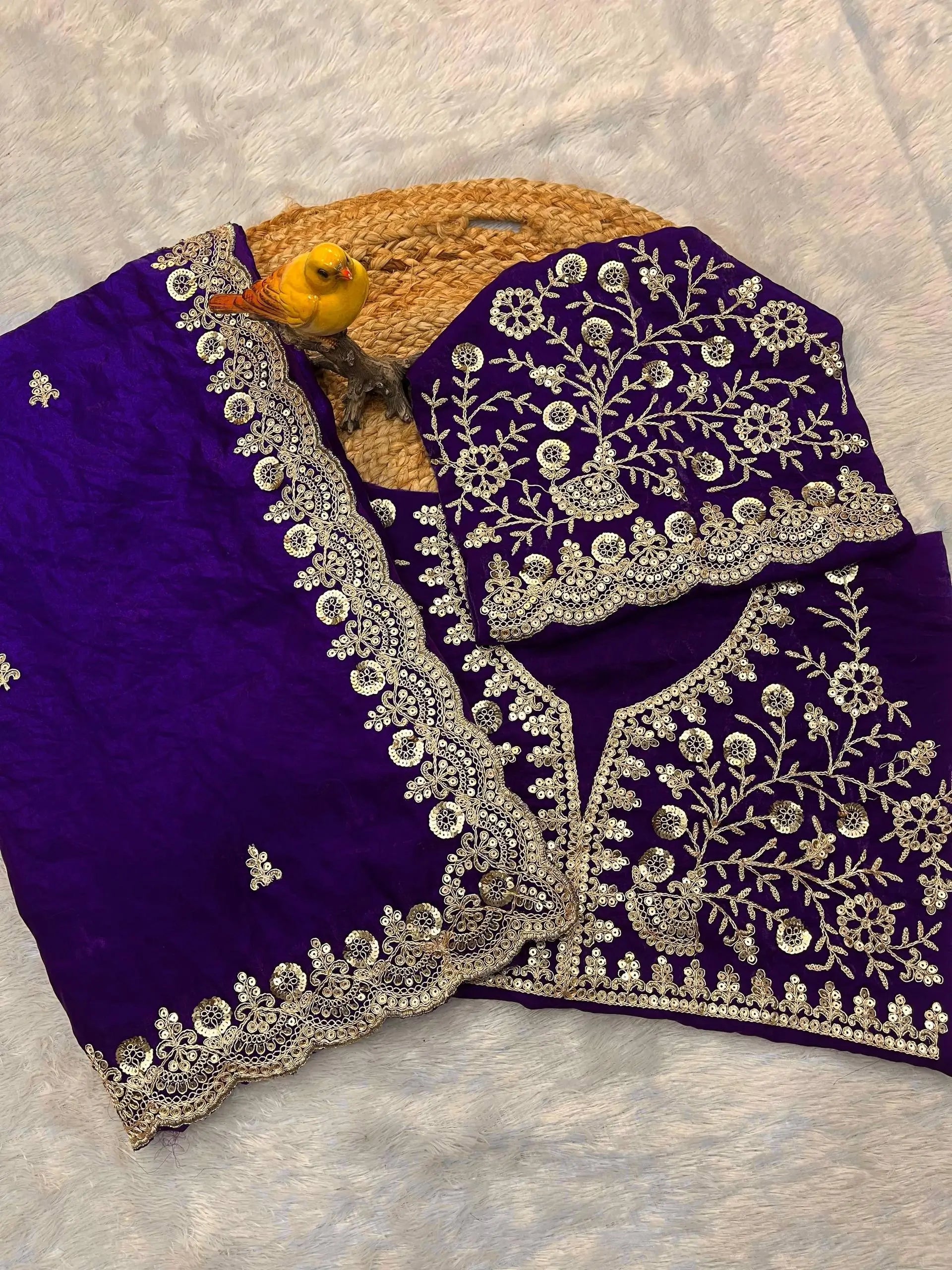 Embroidered Satin Silk Saree Set
