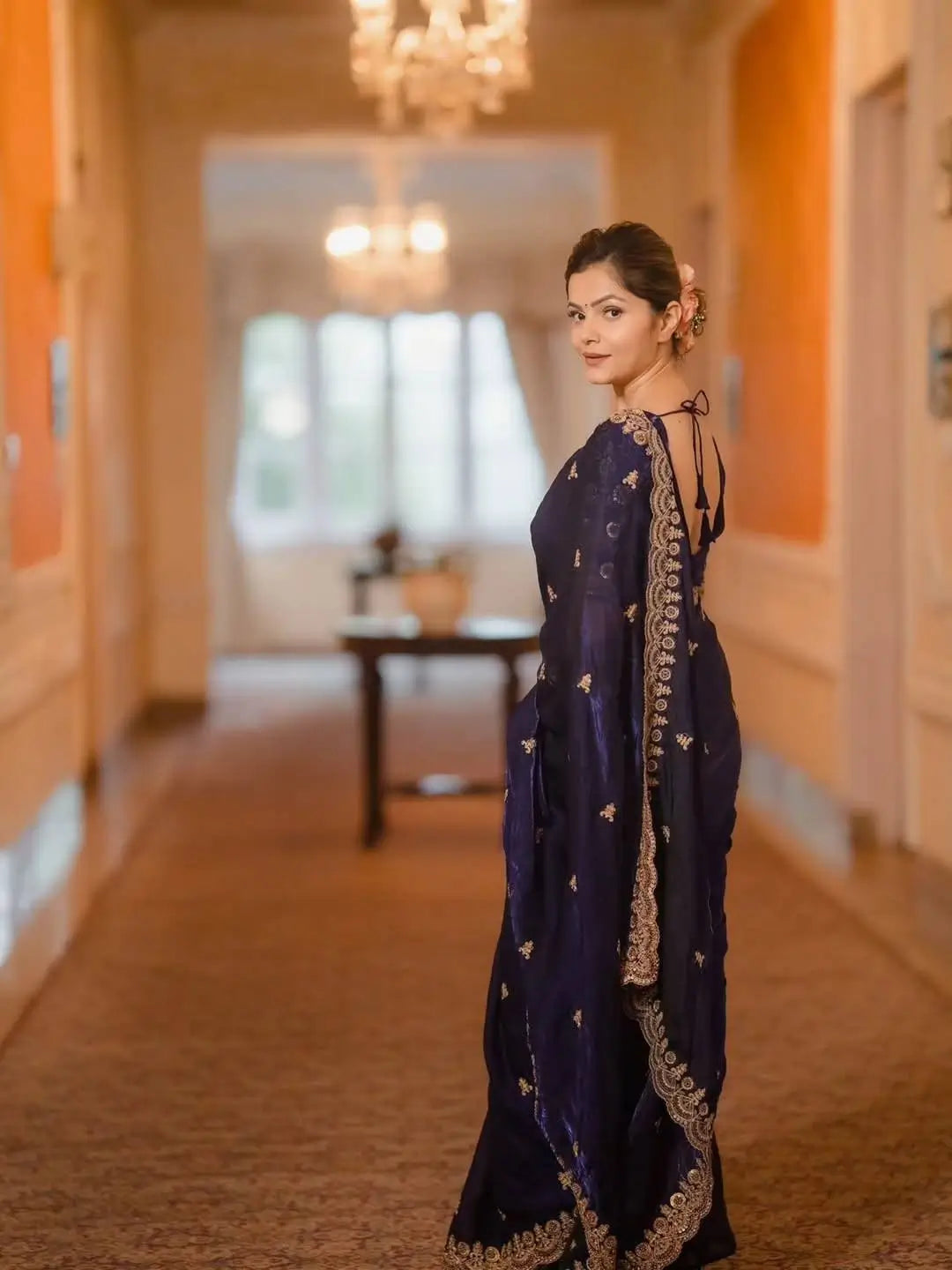 Embroidered Satin Silk Saree Set