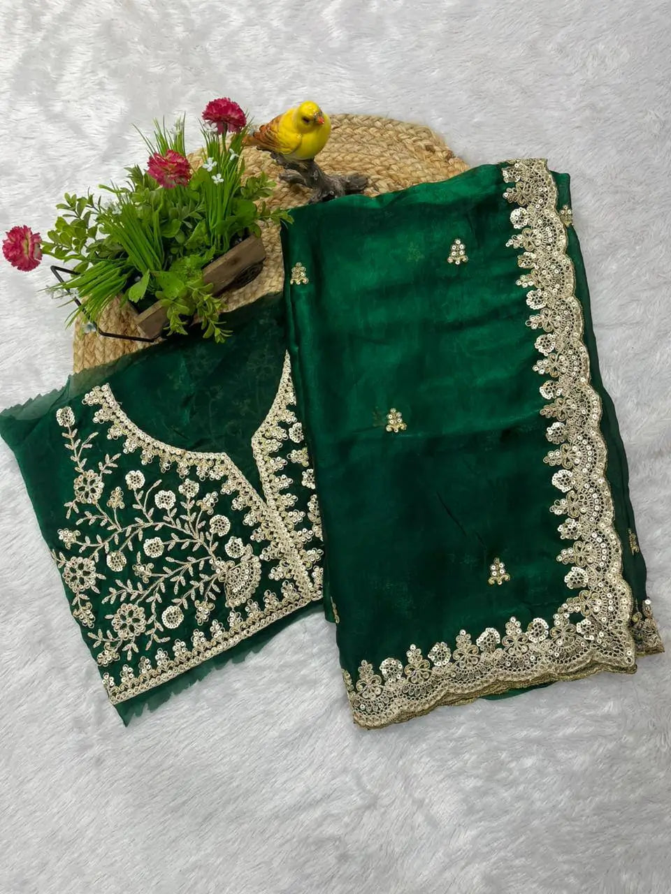 Embroidered Satin Silk Saree Set