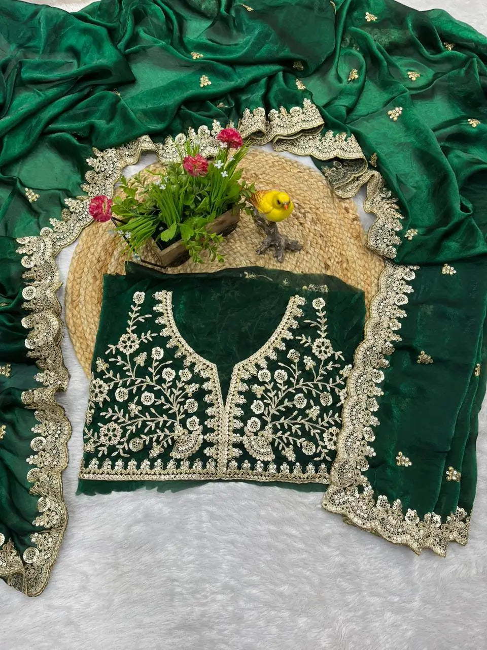 Embroidered Satin Silk Saree Set