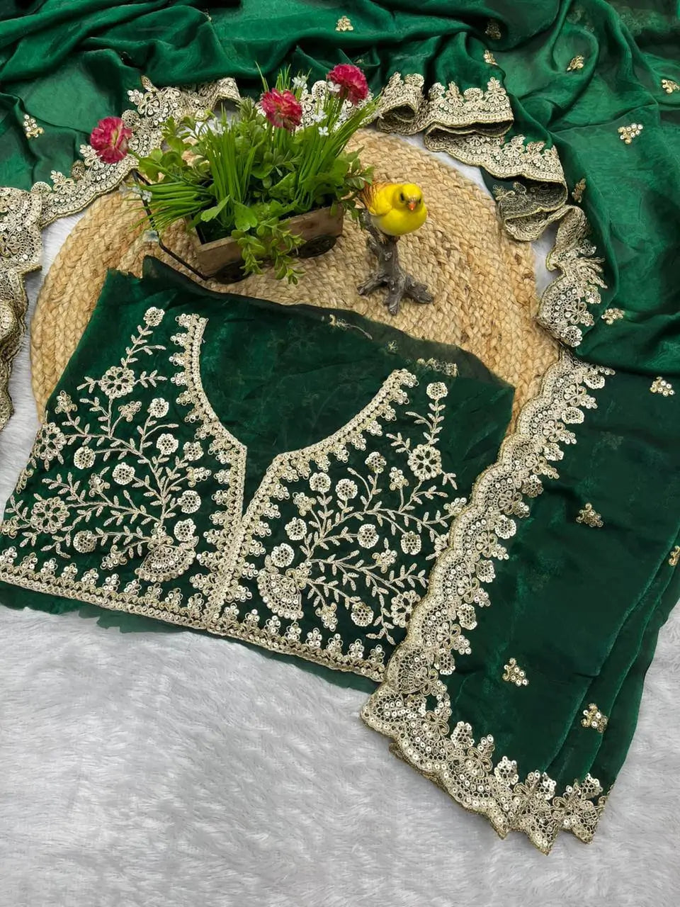 Embroidered Satin Silk Saree Set