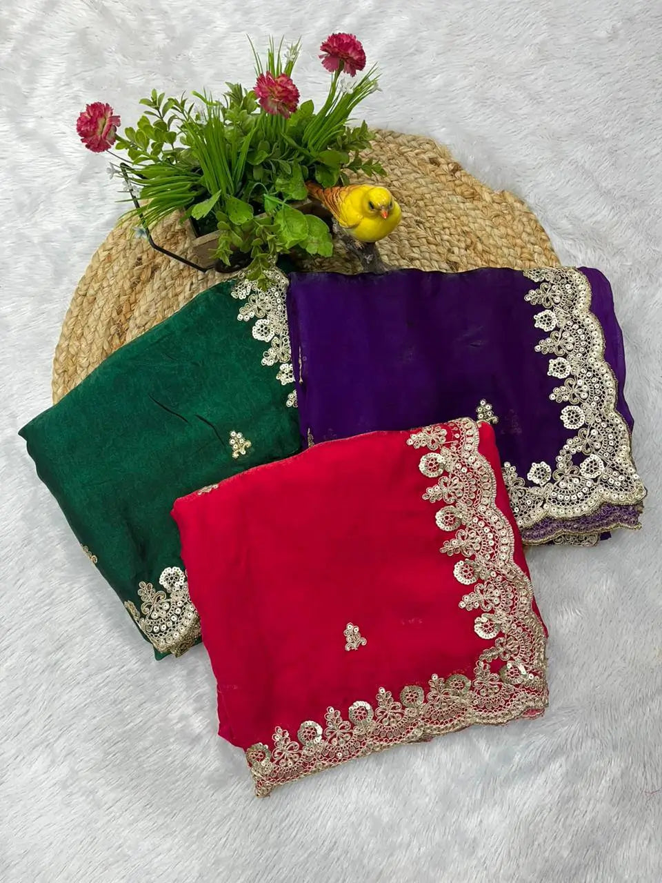 Embroidered Satin Silk Saree Set