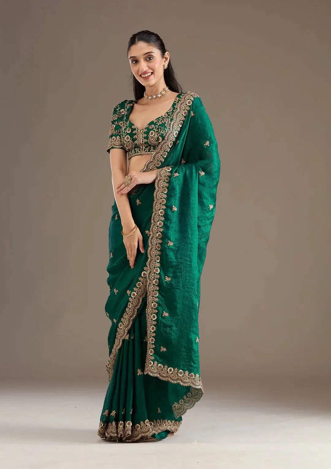 Embroidered Satin Silk Saree Set
