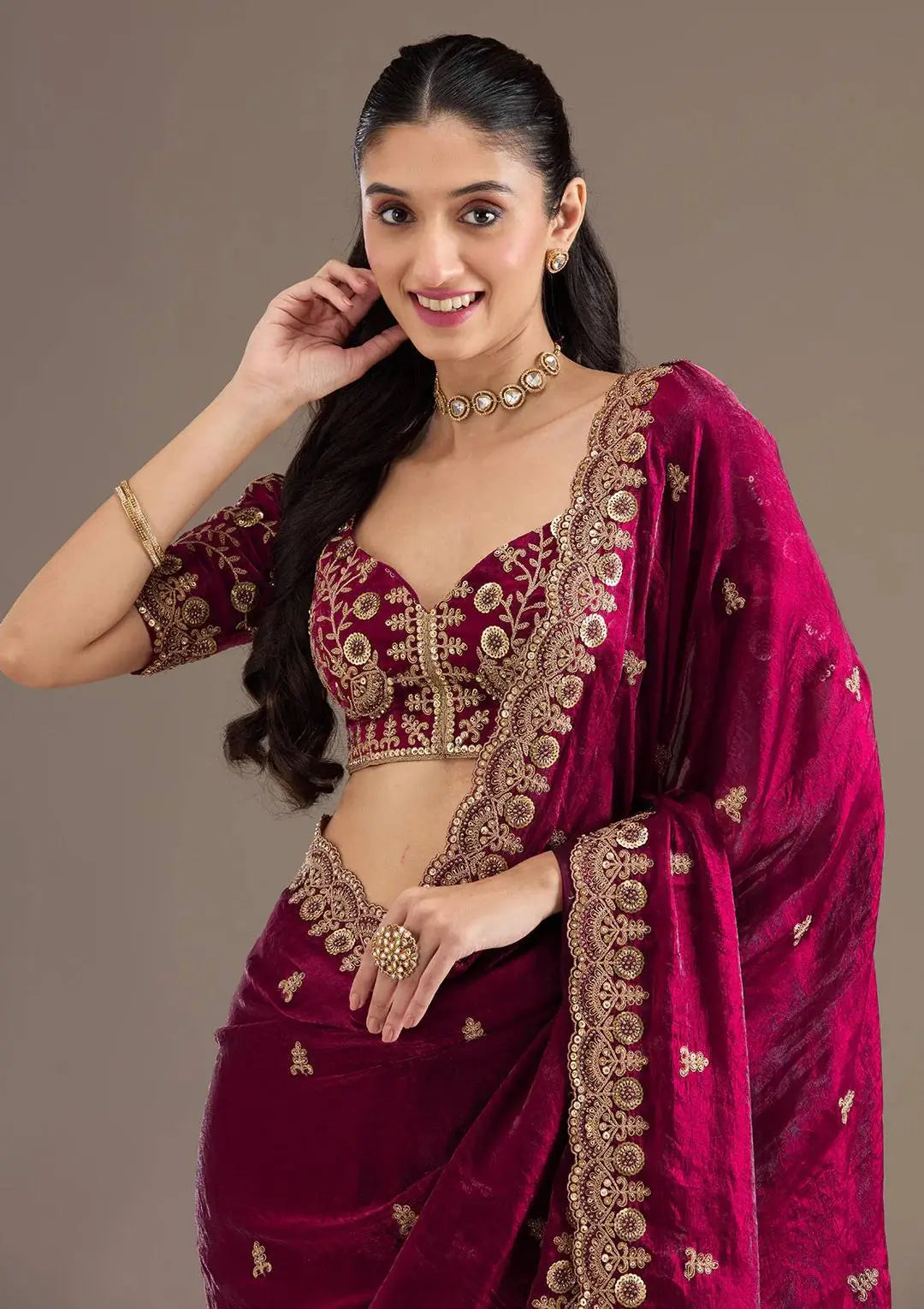 Embroidered Satin Silk Saree Set
