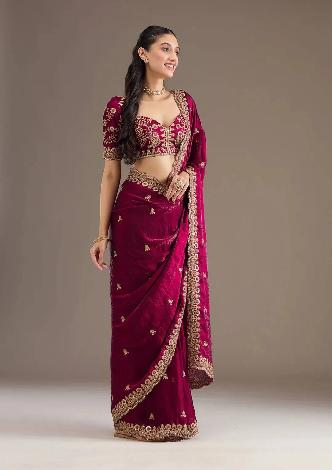 Embroidered Satin Silk Saree Set