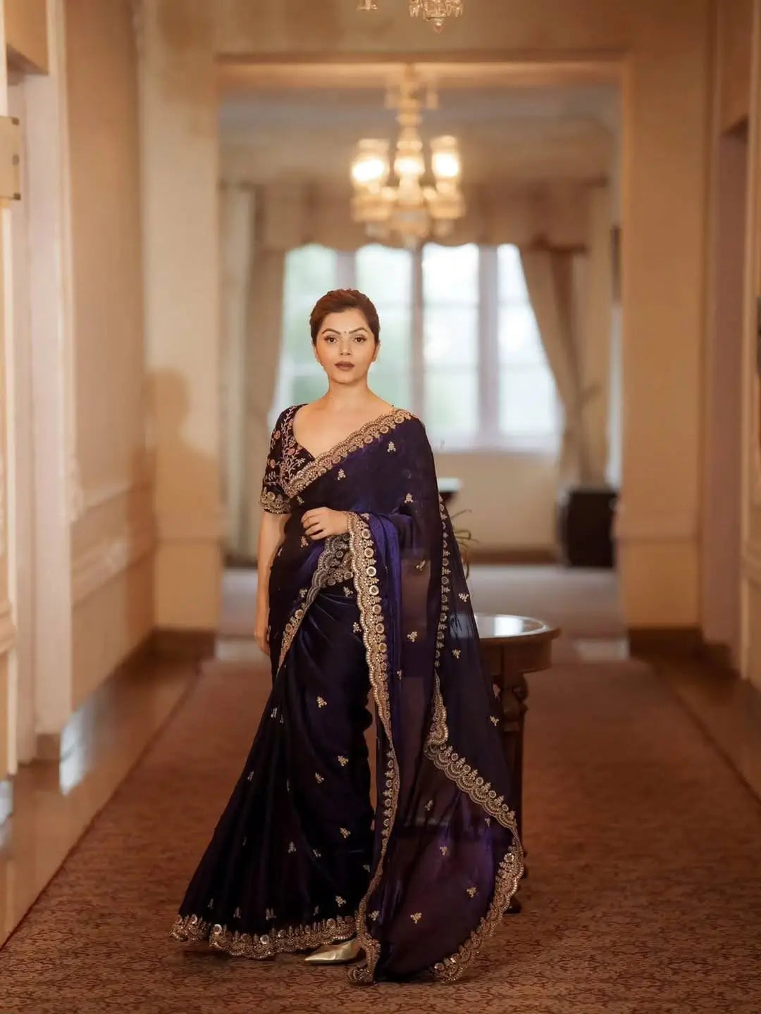 Embroidered Satin Silk Saree Set