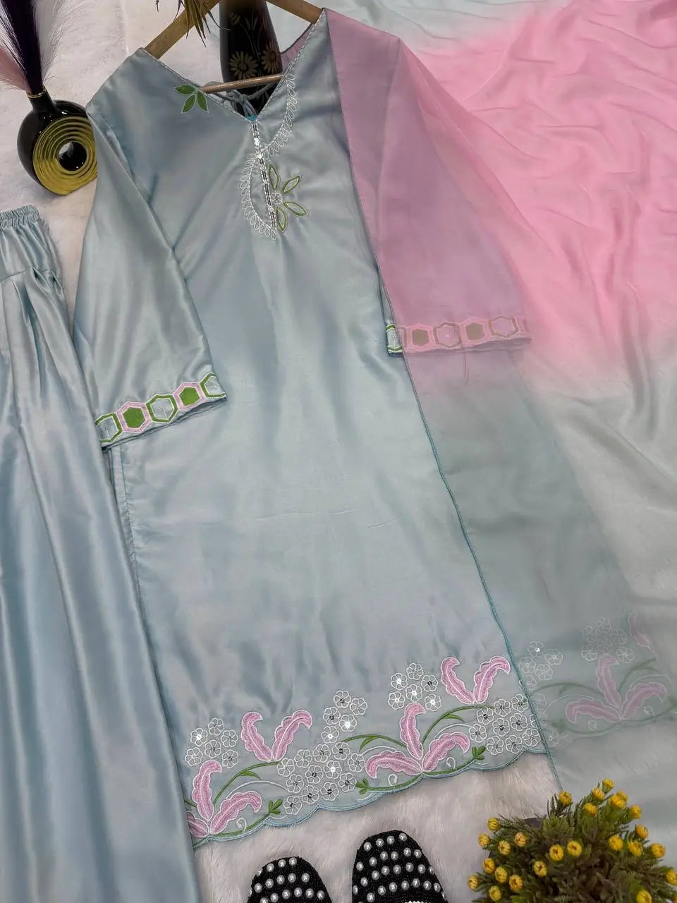 Embroidered Satin Silk Top with Farshi Salwar Set