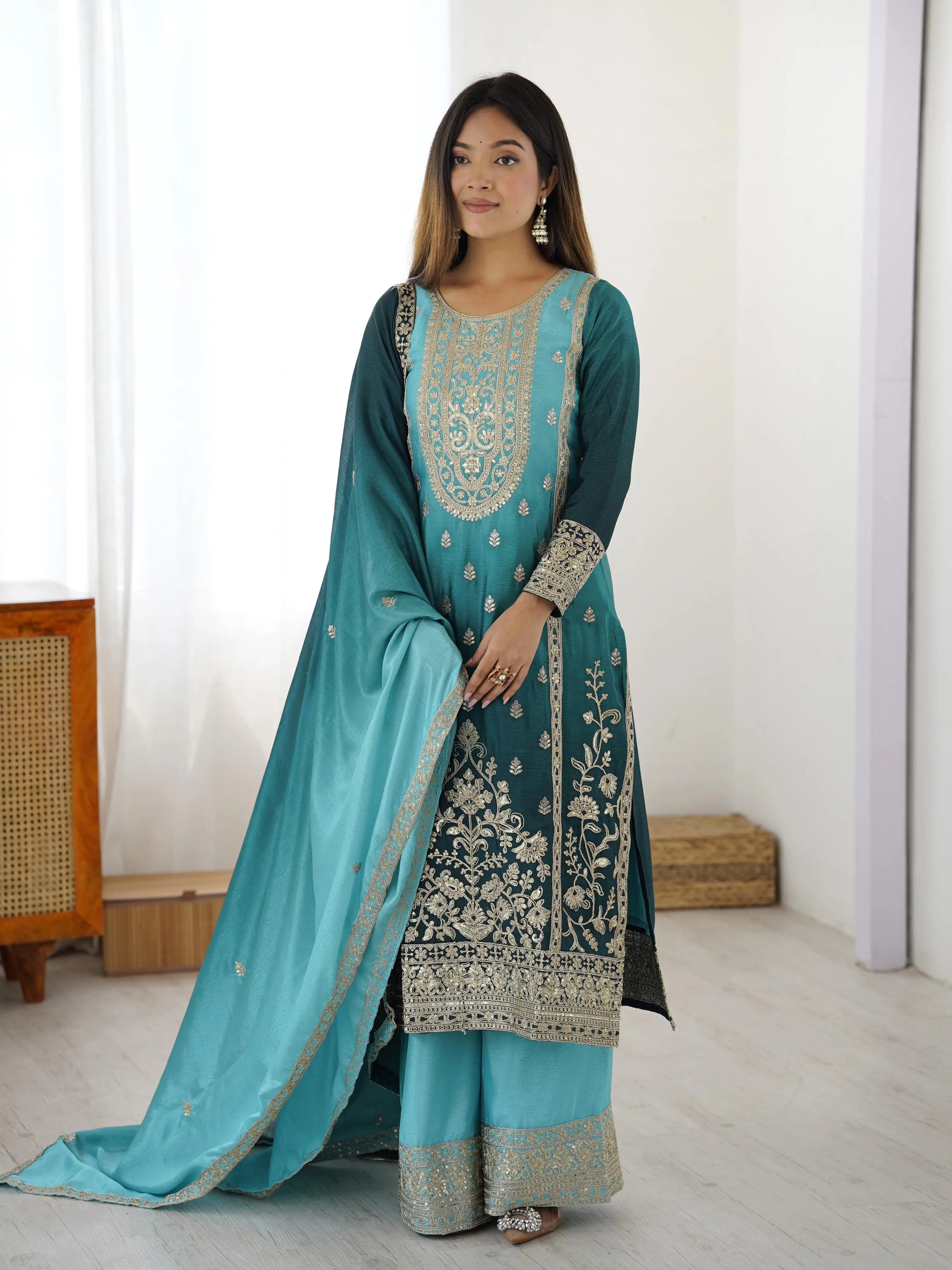 Embroidered Shaded Chinon Silk Palazzo Suit Set
