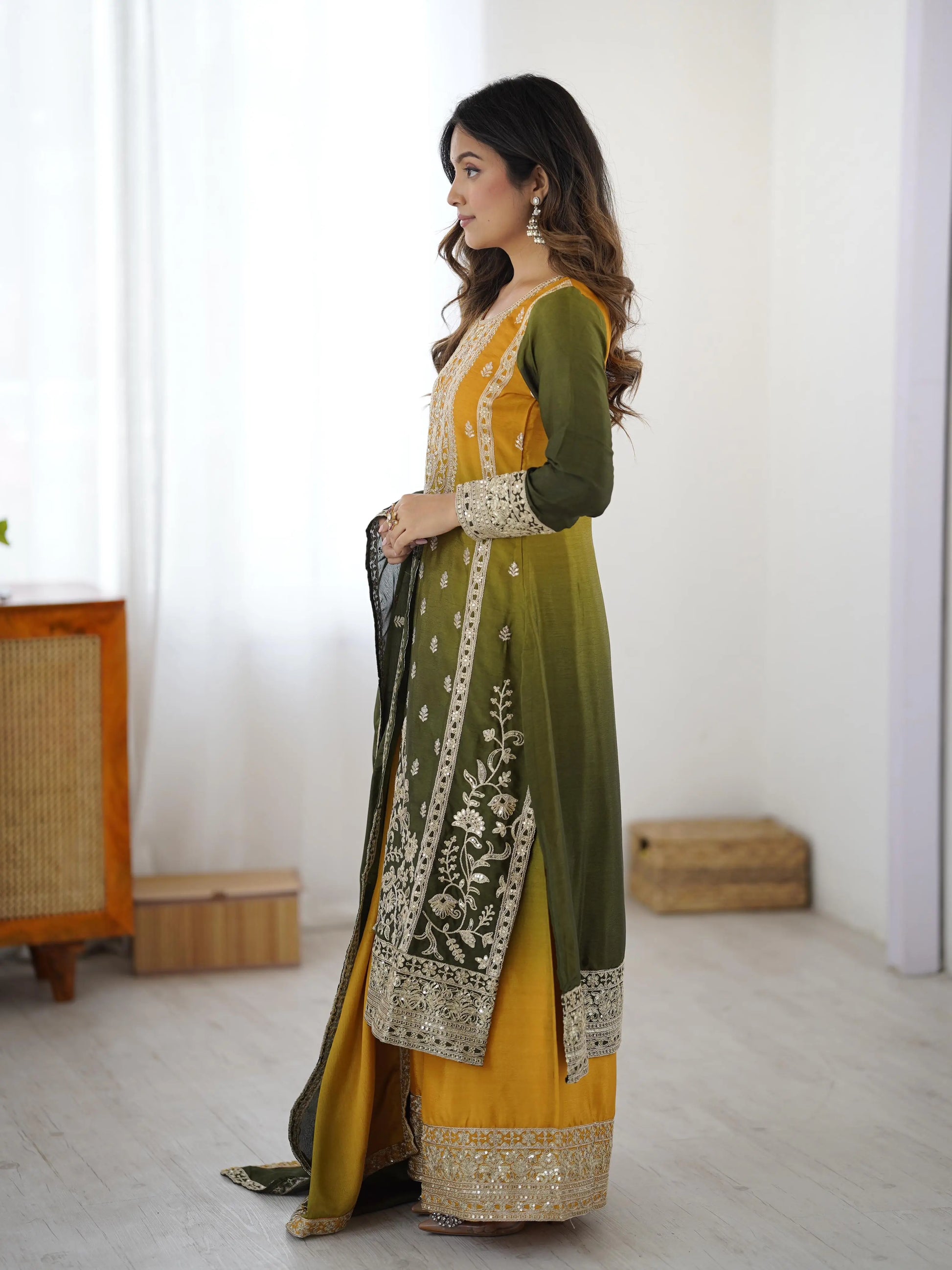 Embroidered Shaded Chinon Silk Palazzo Suit Set