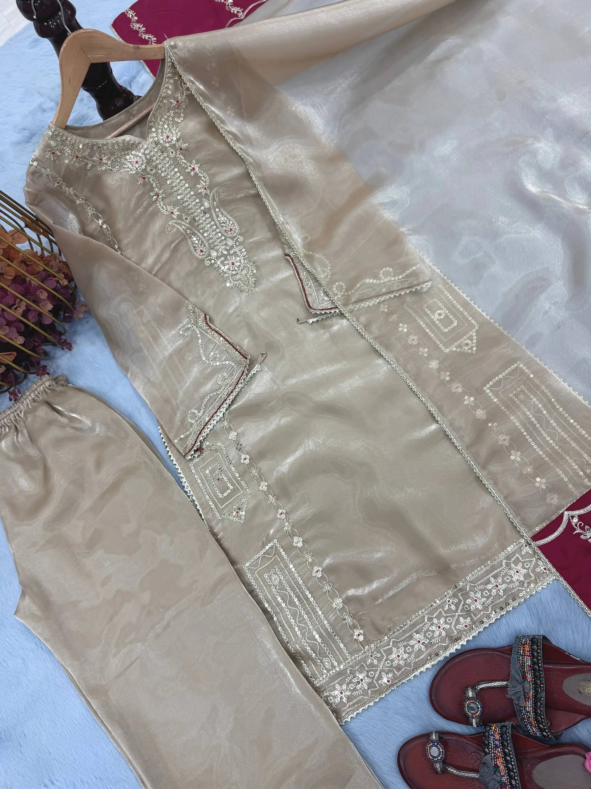 Embroidered Shimmer Silk Plazo Set