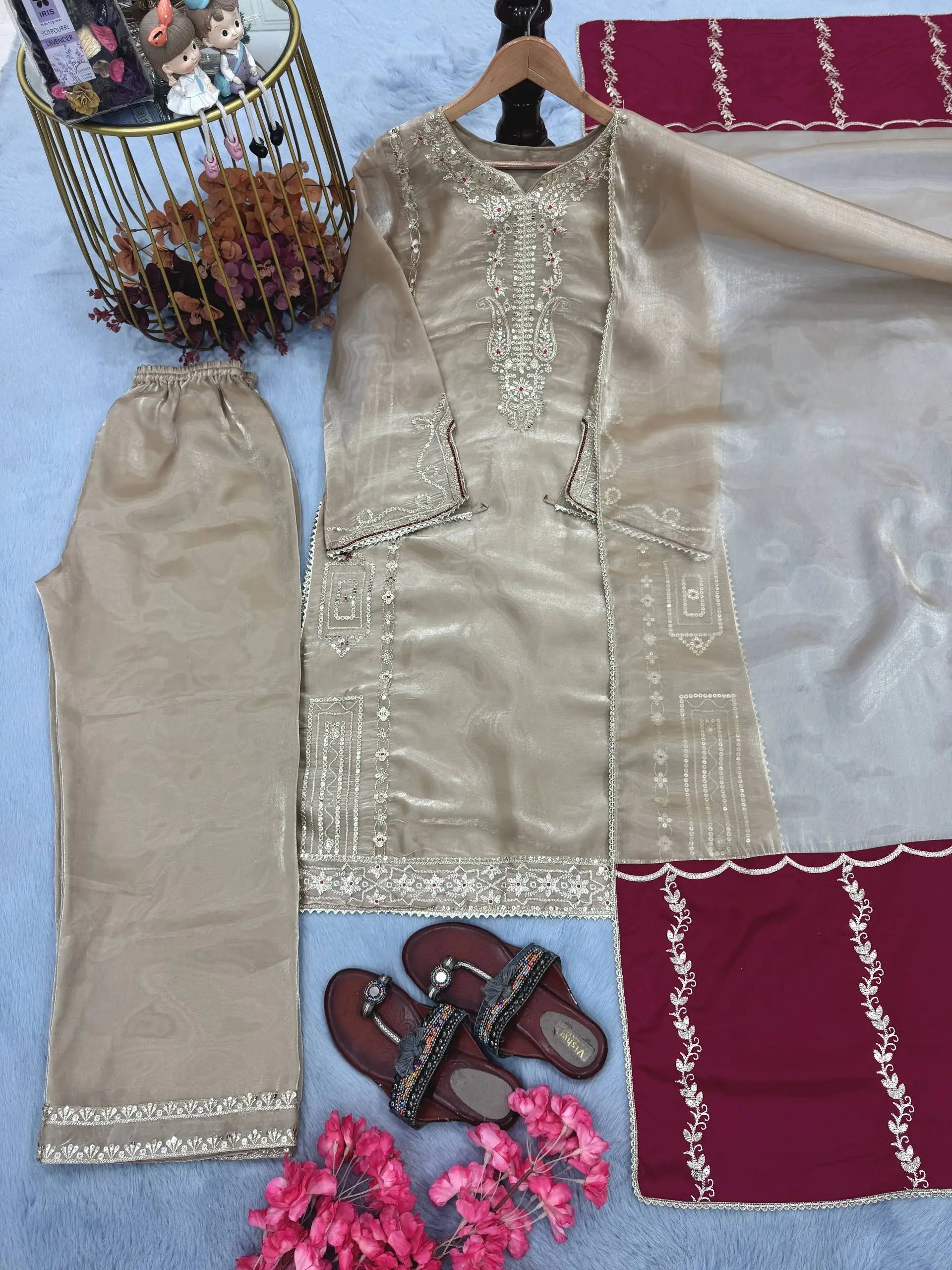 Embroidered Shimmer Silk Plazo Set