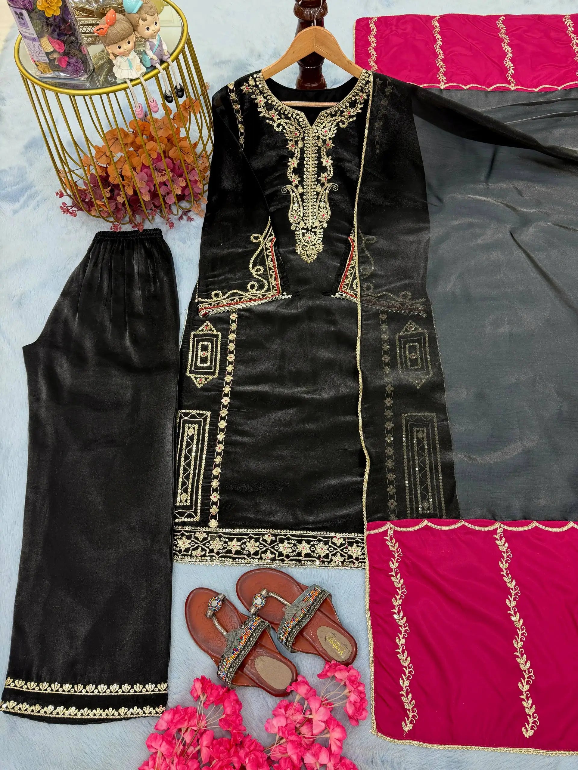 Embroidered Shimmer Silk Plazo Set