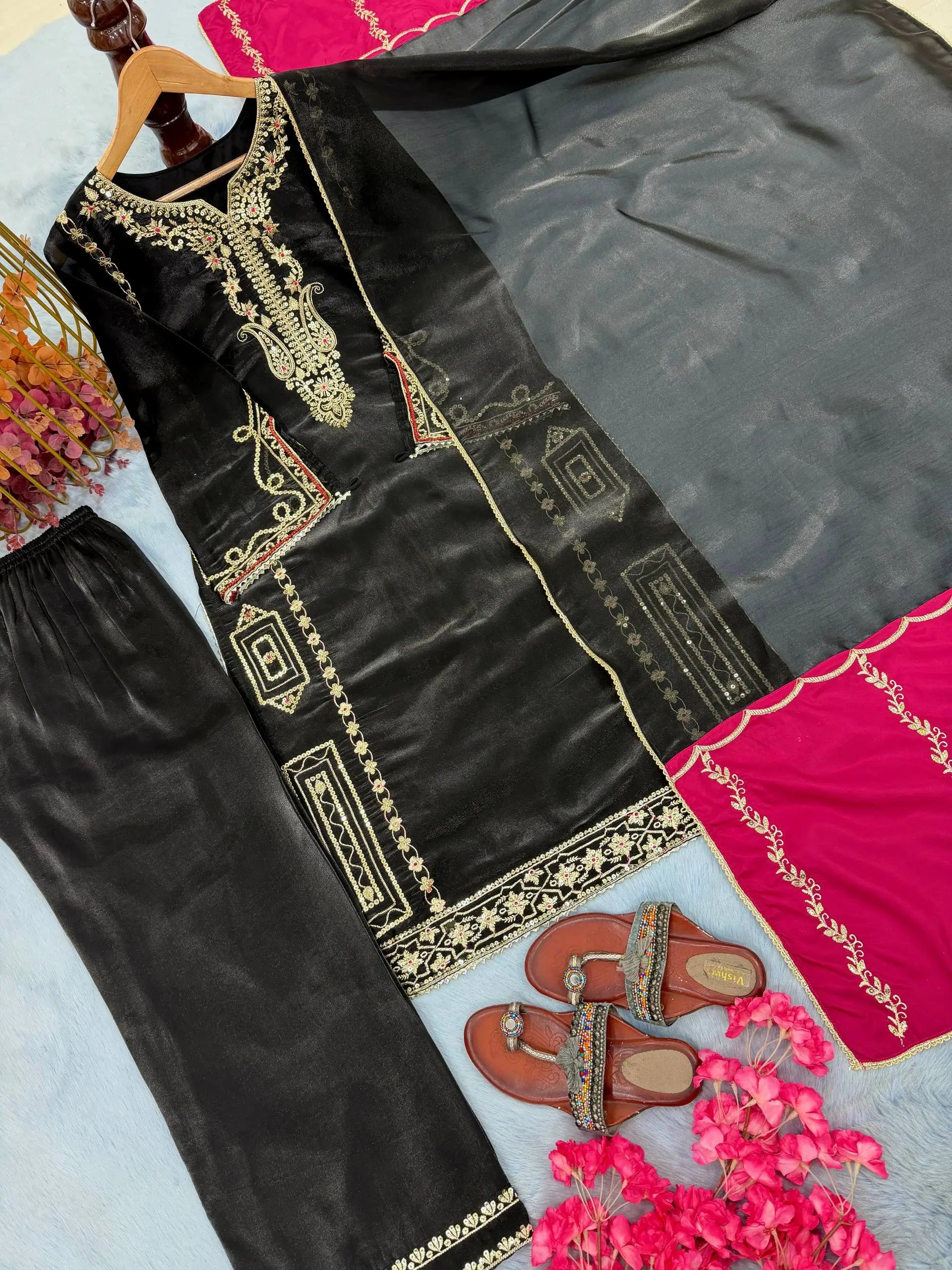Embroidered Shimmer Silk Plazo Set