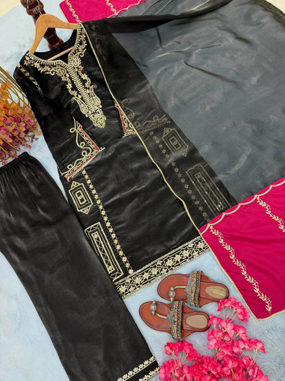 Embroidered Shimmer Silk Plazo Set