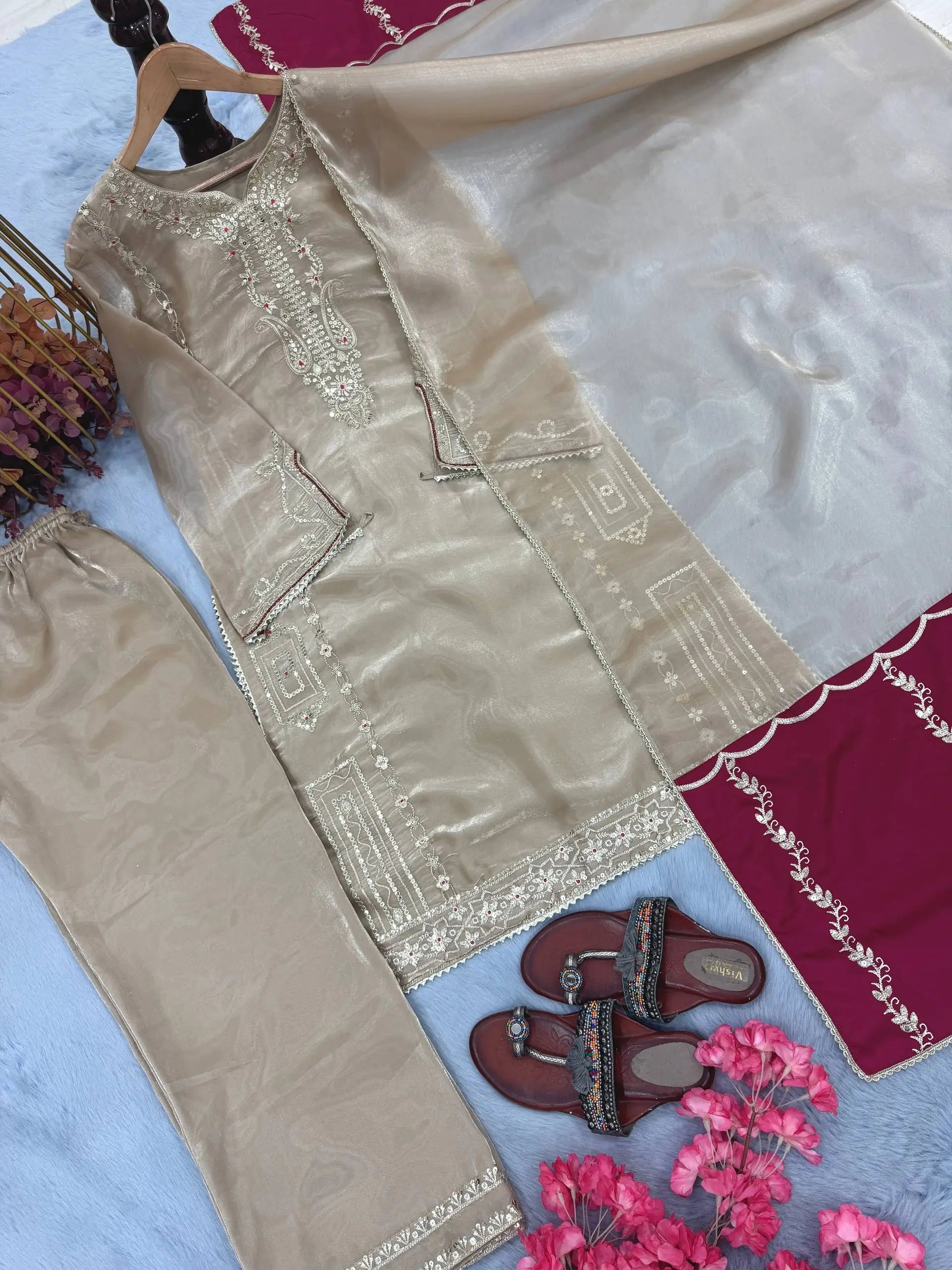 Embroidered Shimmer Silk Plazo Set