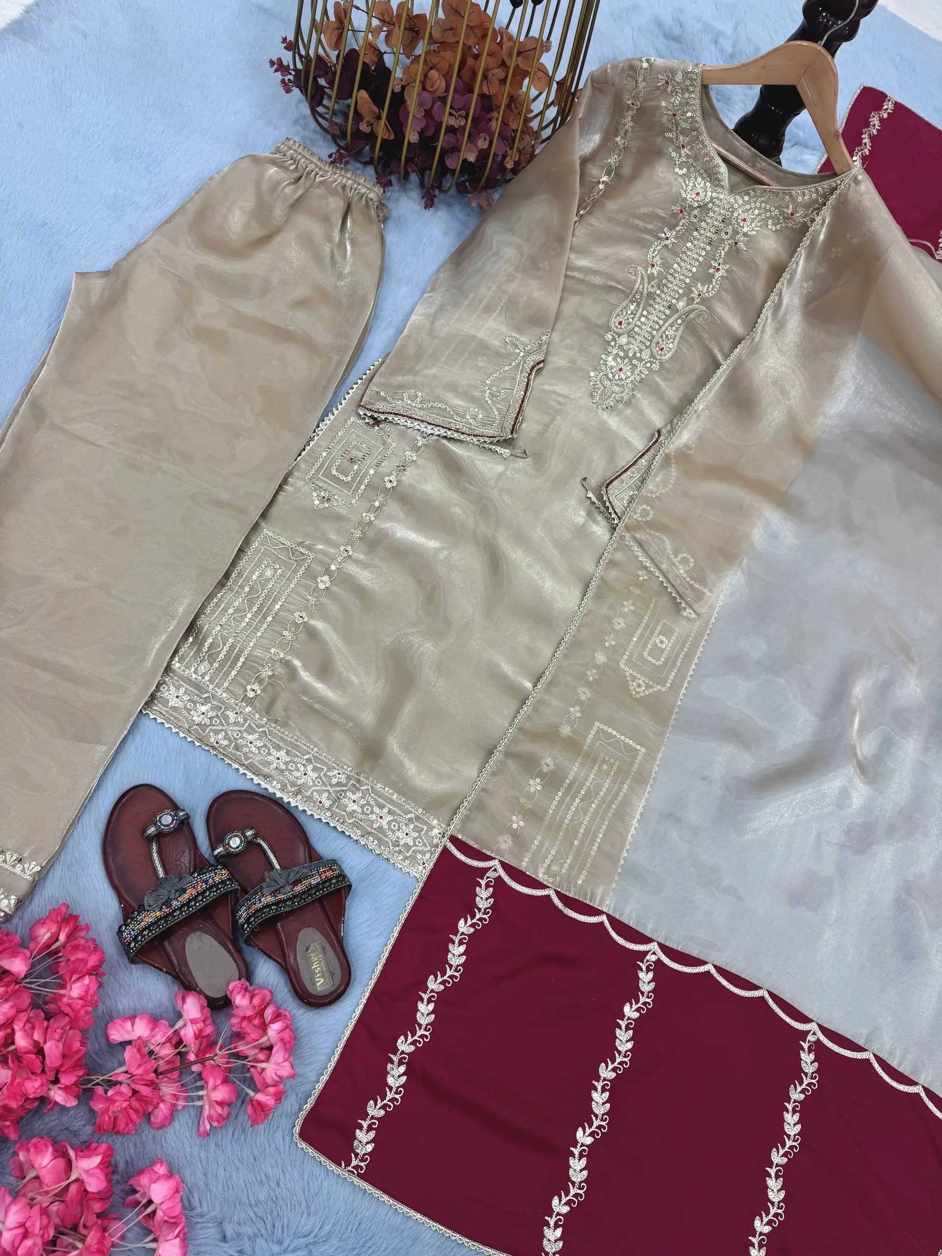 Embroidered Shimmer Silk Plazo Set