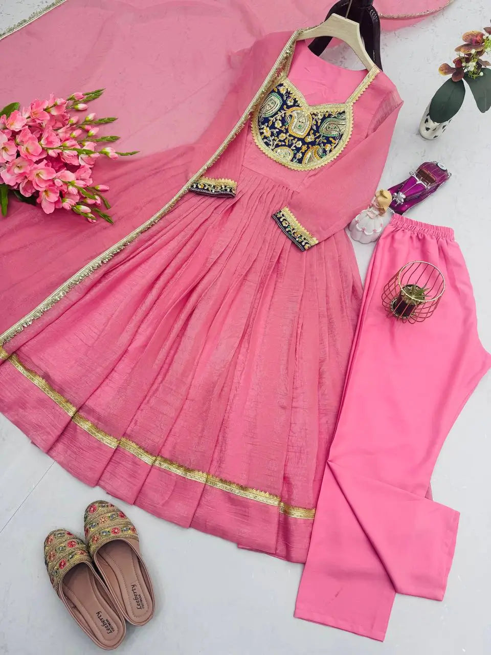 Embroidered Silk Anarkali Gown Set with Dupatta