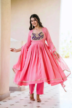 Embroidered Silk Anarkali Gown Set with Dupatta