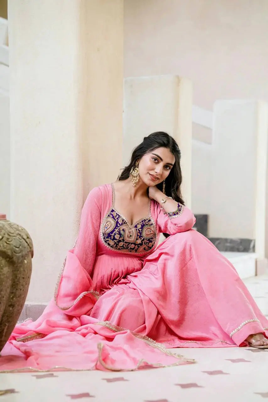 Embroidered Silk Anarkali Gown Set with Dupatta