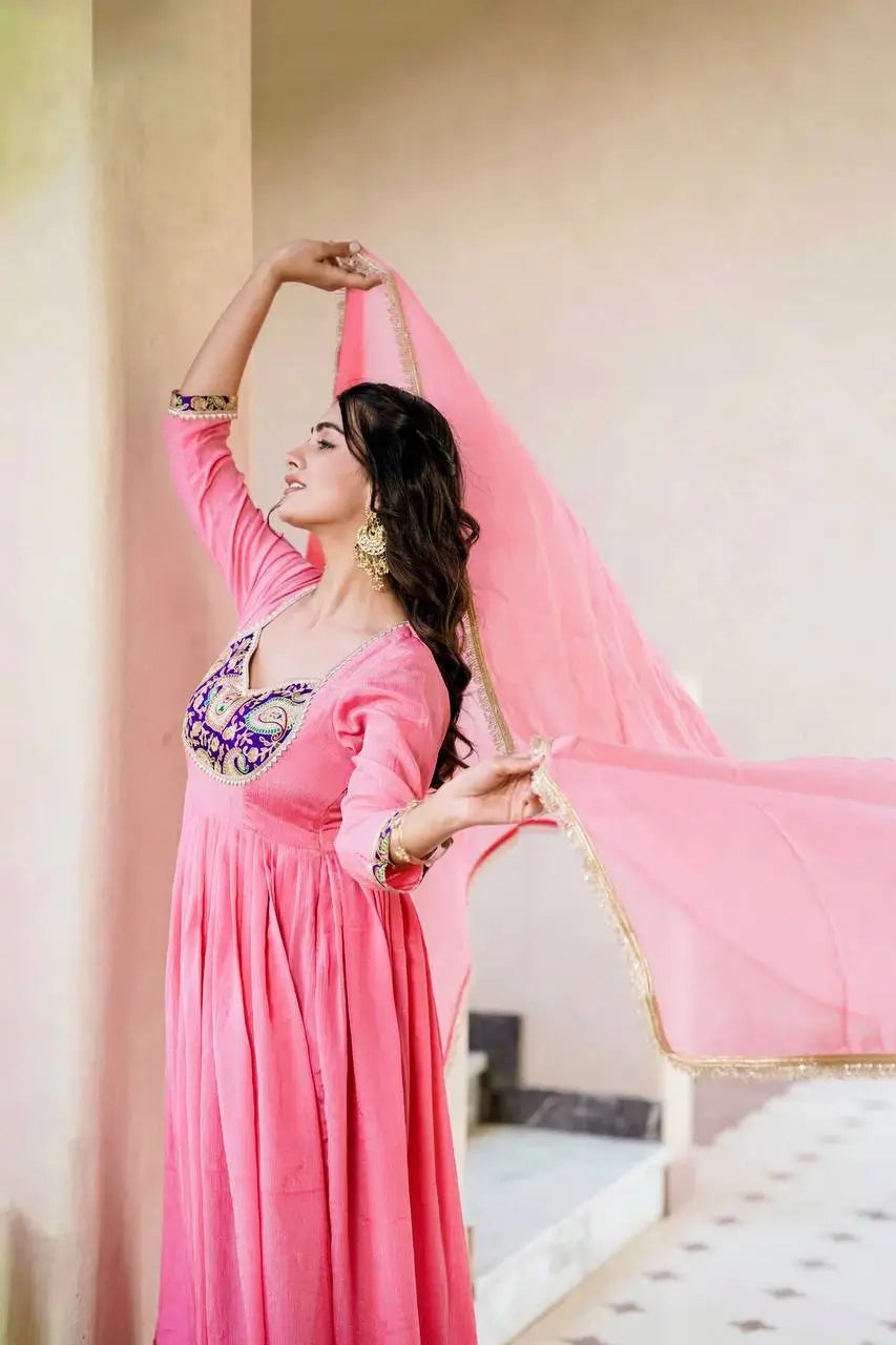 Embroidered Silk Anarkali Gown Set with Dupatta