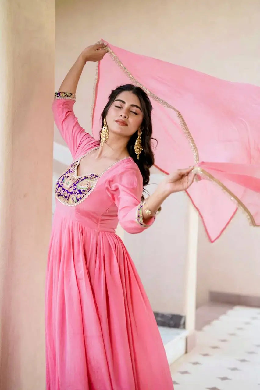 Embroidered Silk Anarkali Gown Set with Dupatta
