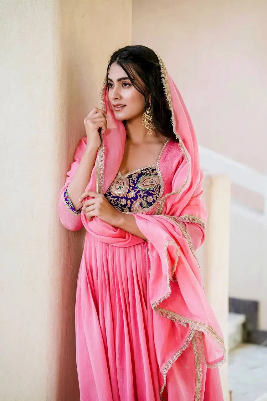 Embroidered Silk Anarkali Gown Set with Dupatta
