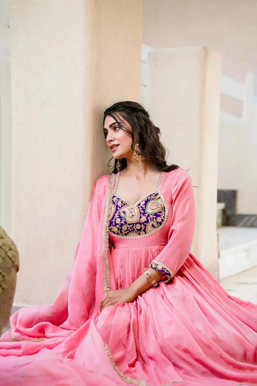 Embroidered Silk Anarkali Gown Set with Dupatta