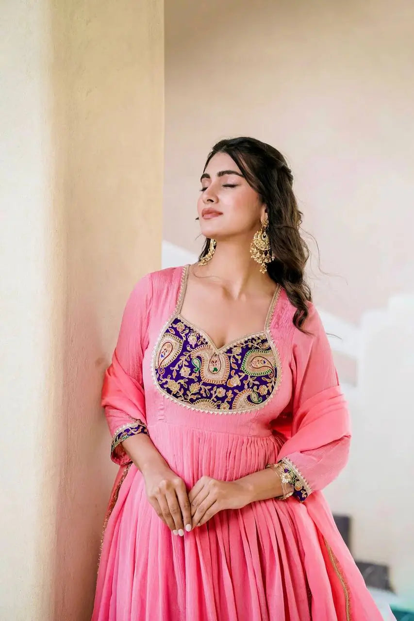 Embroidered Silk Anarkali Gown Set with Dupatta