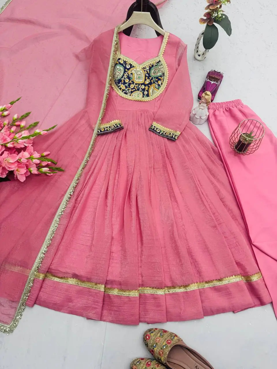 Embroidered Silk Anarkali Gown Set with Dupatta