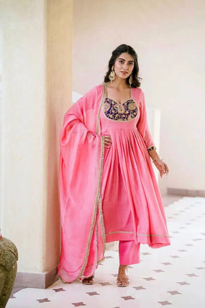 Embroidered Silk Anarkali Gown Set with Dupatta