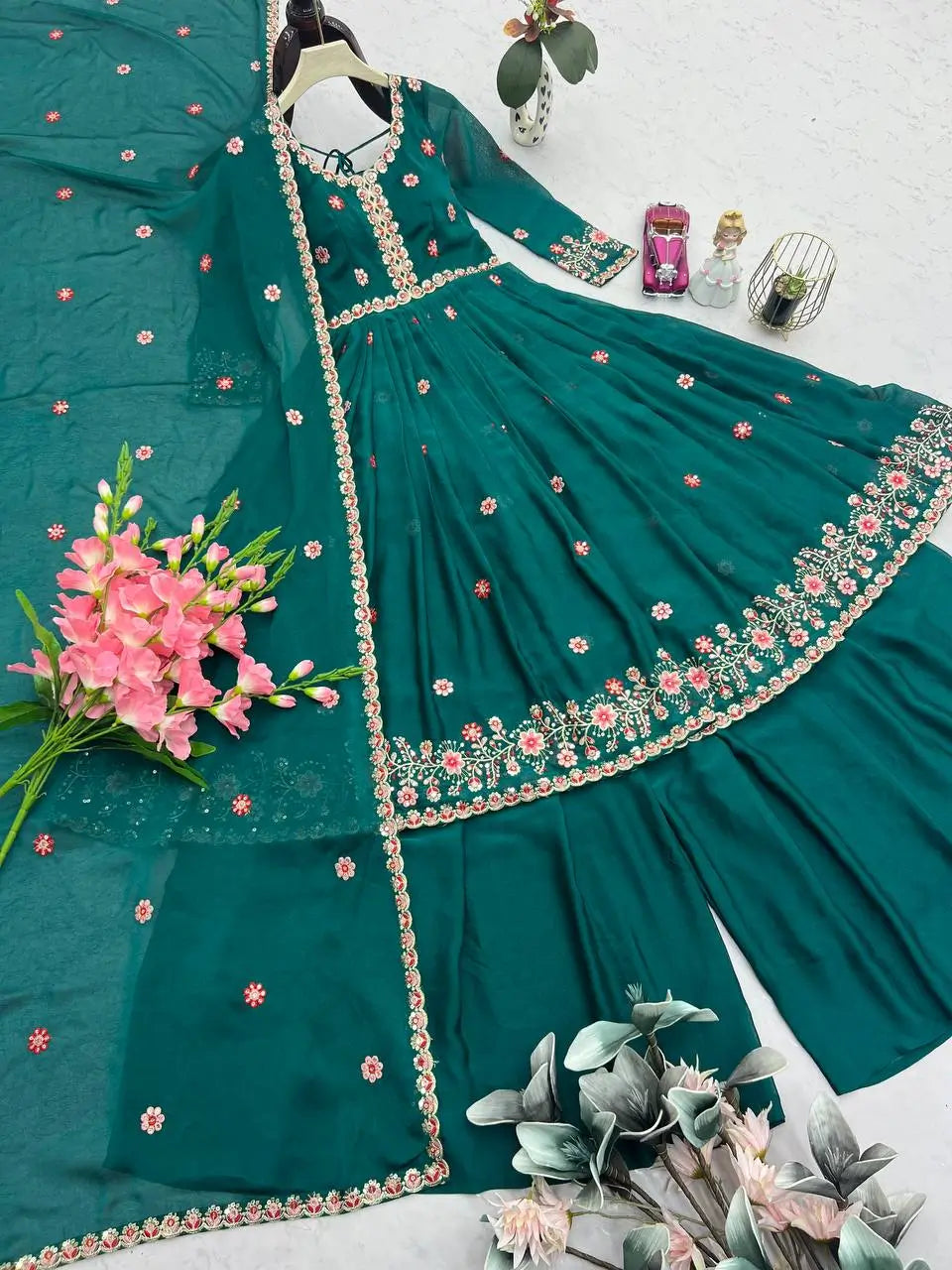 Embroidered Silk Anarkali Gown with Sharara and Dupatta