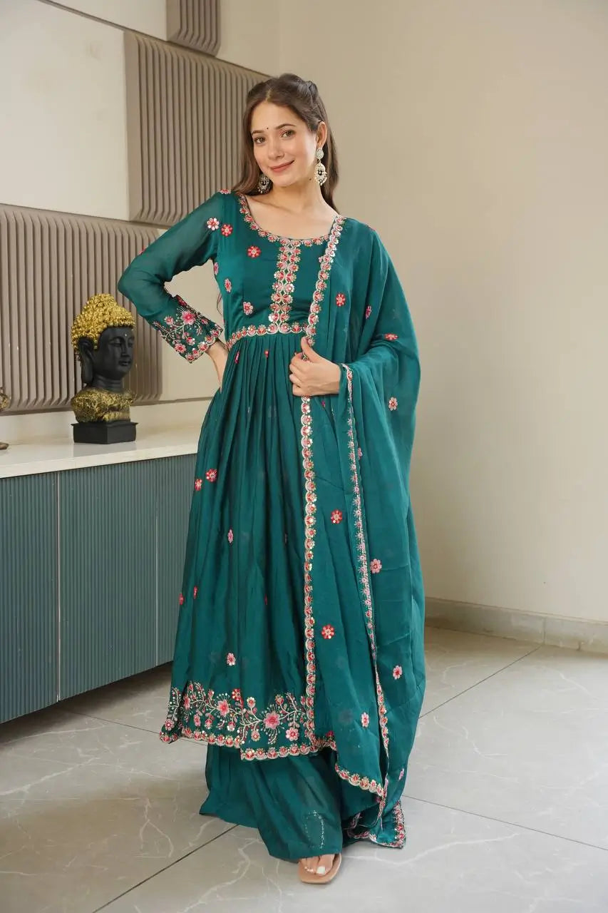 Embroidered Silk Anarkali Gown with Sharara and Dupatta