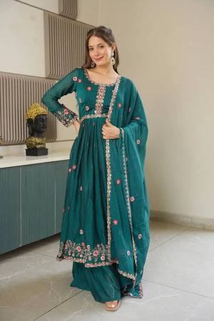 Embroidered Silk Anarkali Gown with Sharara and Dupatta