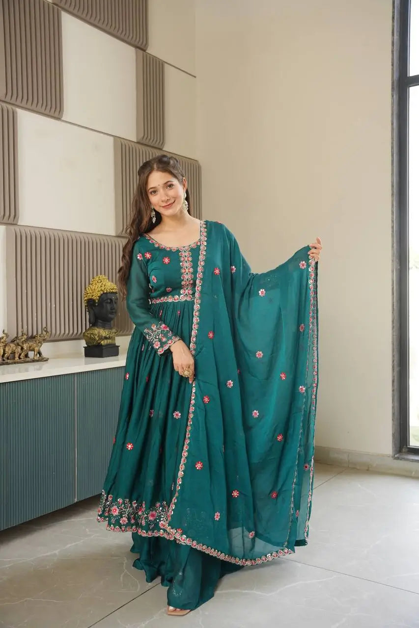 Embroidered Silk Anarkali Gown with Sharara and Dupatta