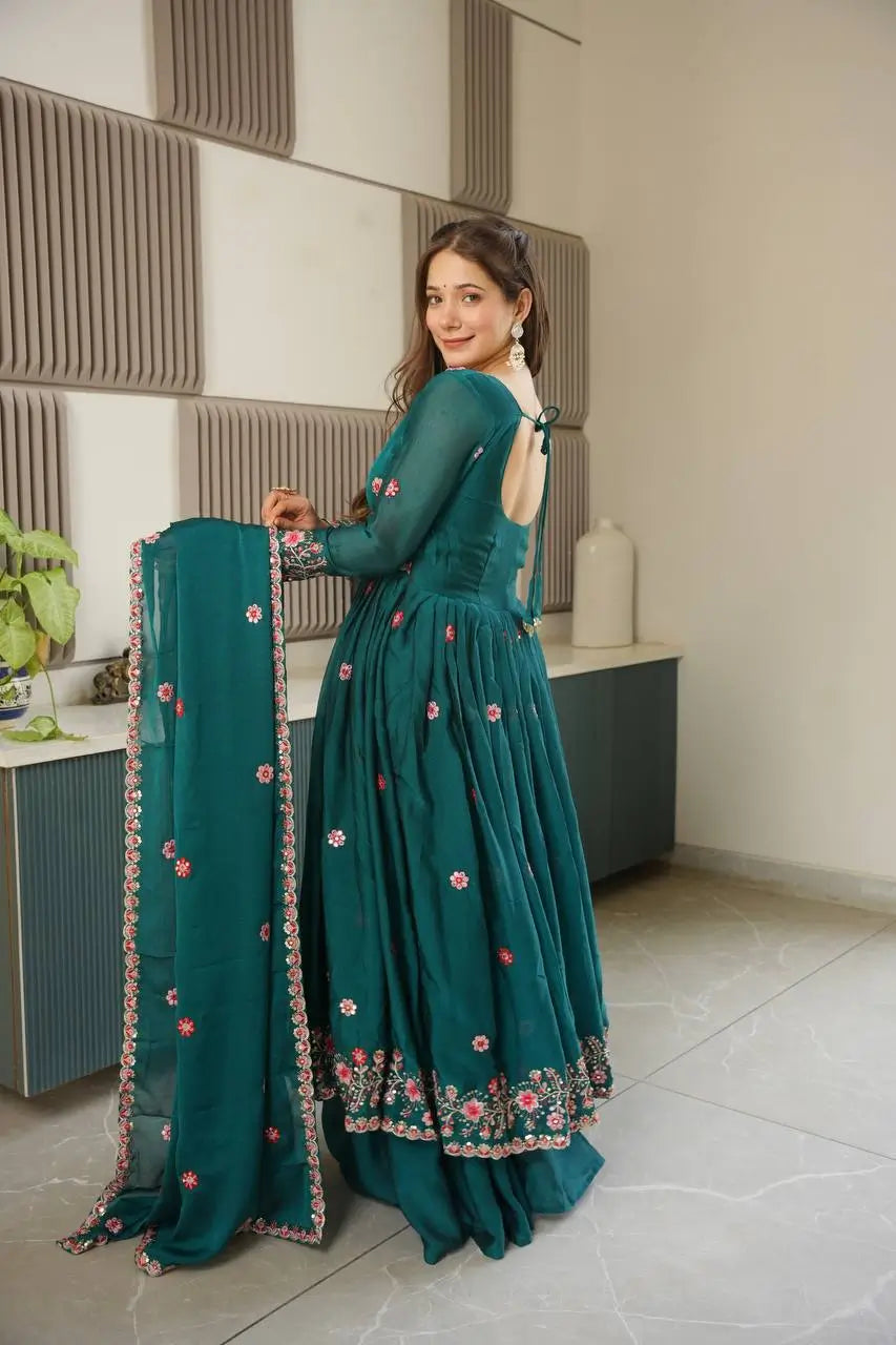 Embroidered Silk Anarkali Gown with Sharara and Dupatta