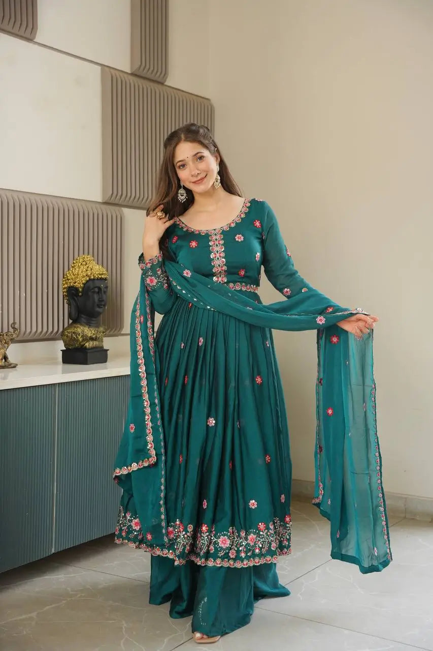 Embroidered Silk Anarkali Gown with Sharara and Dupatta