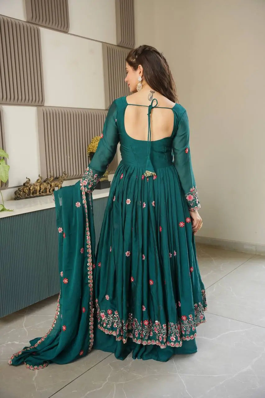 Embroidered Silk Anarkali Gown with Sharara and Dupatta