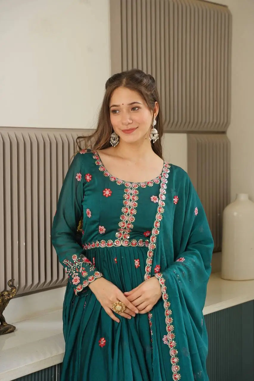 Embroidered Silk Anarkali Gown with Sharara and Dupatta