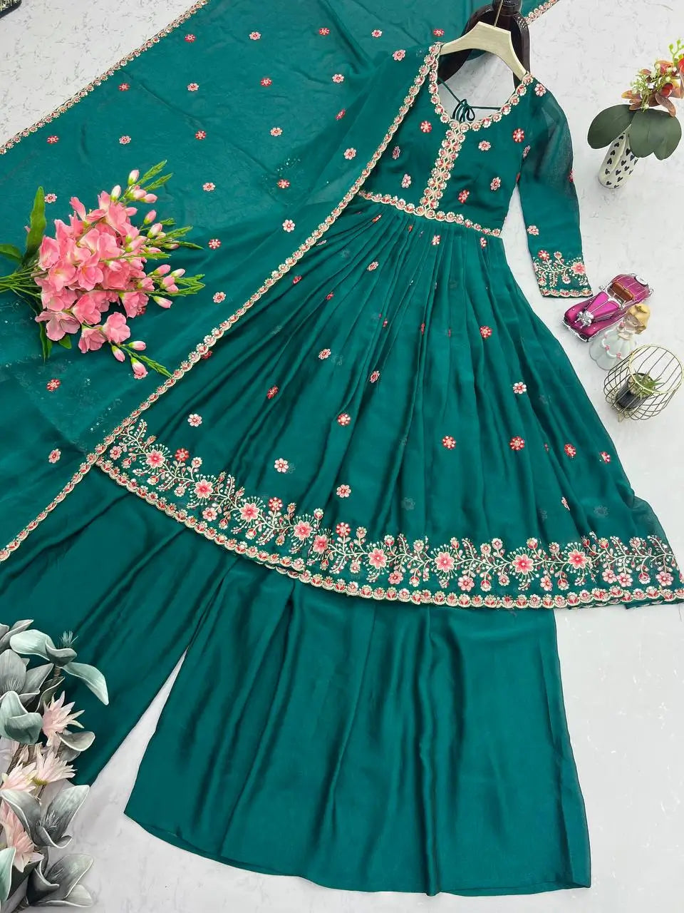 Embroidered Silk Anarkali Gown with Sharara and Dupatta