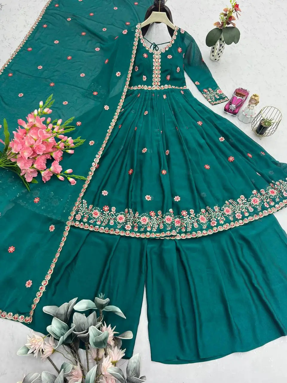 Embroidered Silk Anarkali Gown with Sharara and Dupatta