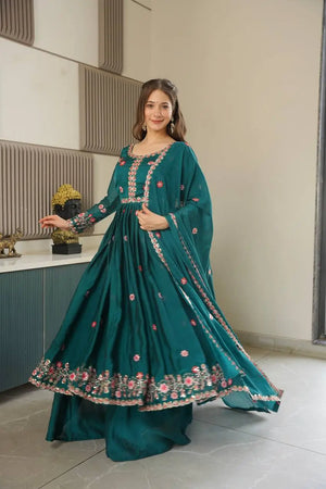 Embroidered Silk Anarkali Gown with Sharara and Dupatta