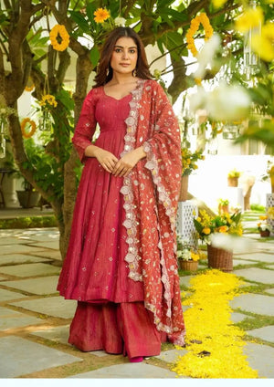 Embroidered Silk Gown Palazzo Set with Dupatta