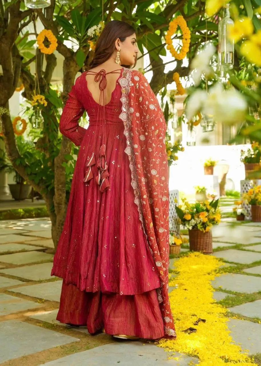 Embroidered Silk Gown Palazzo Set with Dupatta