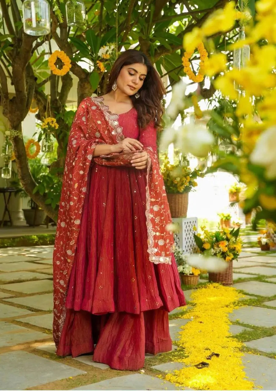 Embroidered Silk Gown Palazzo Set with Dupatta