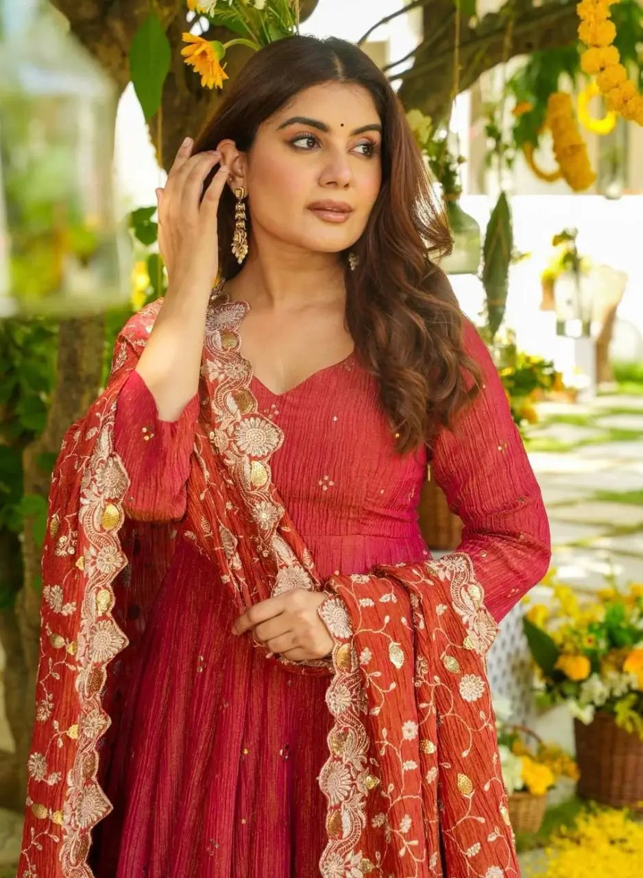Embroidered Silk Gown Palazzo Set with Dupatta
