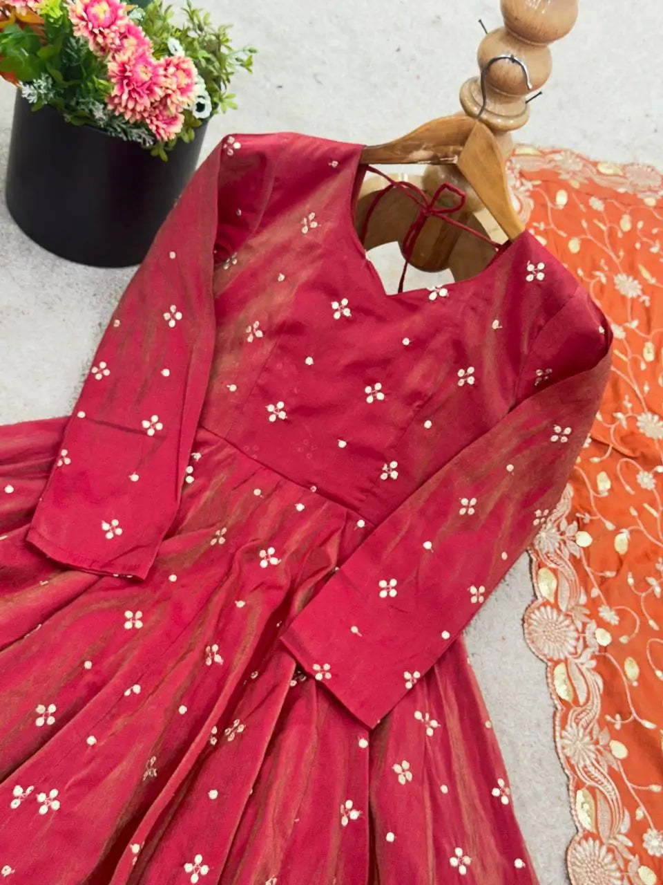 Embroidered Silk Gown Palazzo Set with Dupatta