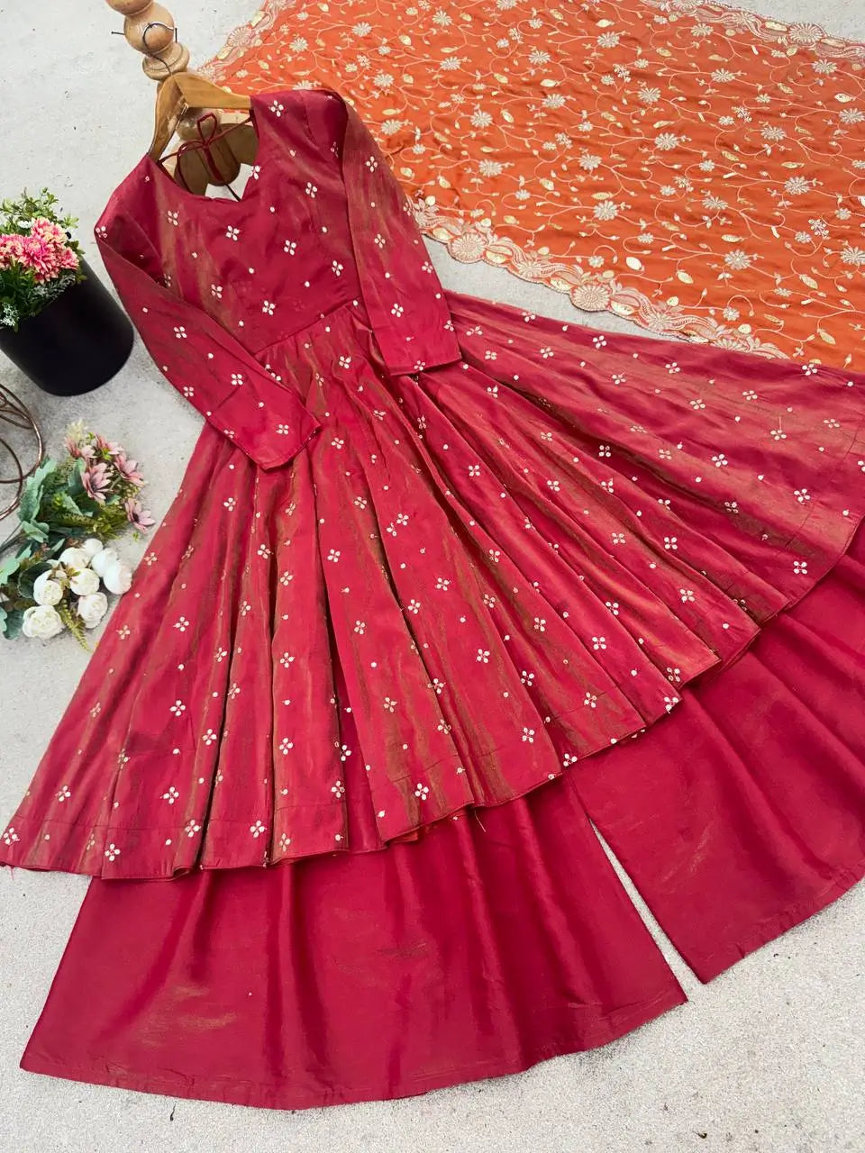 Embroidered Silk Gown Palazzo Set with Dupatta