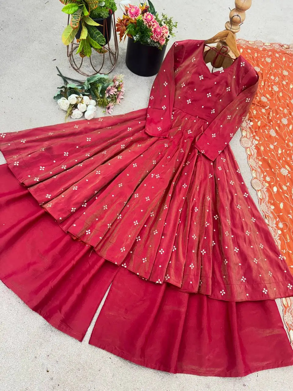 Embroidered Silk Gown Palazzo Set with Dupatta
