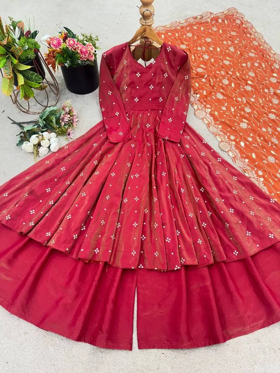 Embroidered Silk Gown Palazzo Set with Dupatta