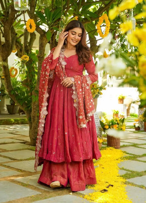 Embroidered Silk Gown Palazzo Set with Dupatta